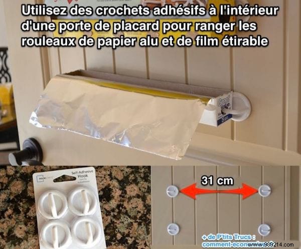 Genius Kitchen Hack: Store Aluminum Foil Rolls on Cupboard Doors with Adhesive Hooks