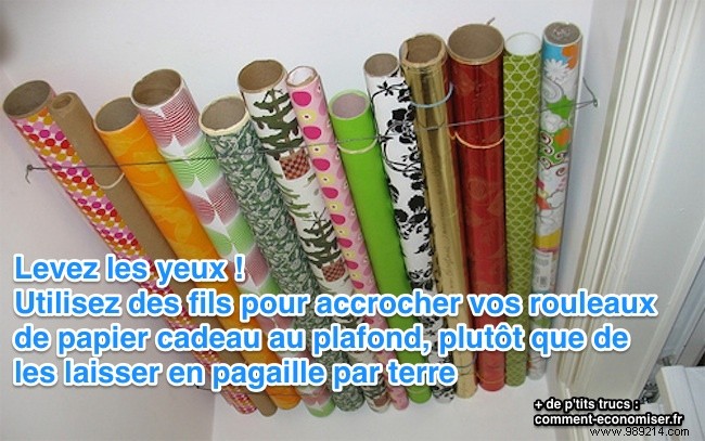 Space-Saving Gift Wrap Storage: Hang Rolls from the Ceiling