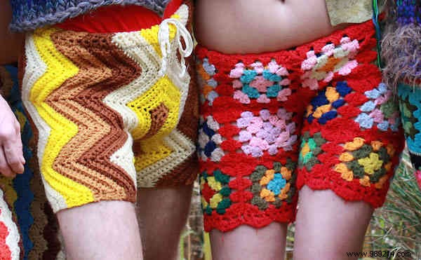 Sustainable Men s Crochet Shorts: Handcrafted from Vintage Recycled Afghan Blankets