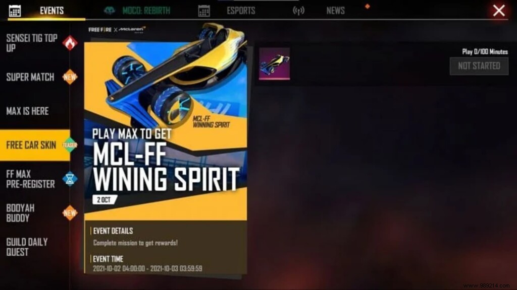 How to Claim McLaren Winning Spirit Car Skin for Free in Free Fire Max