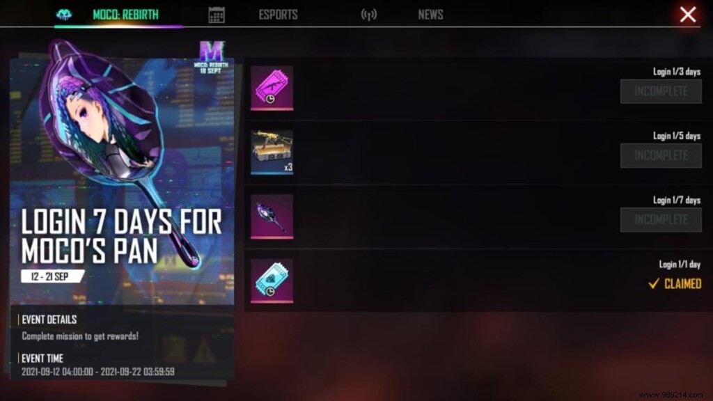 How to Claim Moco Pan in Free Fire: Moco Rebirth Login Rewards Guide
