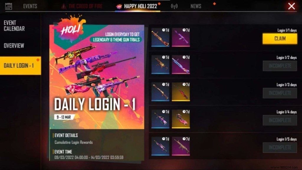 How to Claim Free Legendary Gun Skins in Free Fire MAX Holi Login Event: Complete Guide