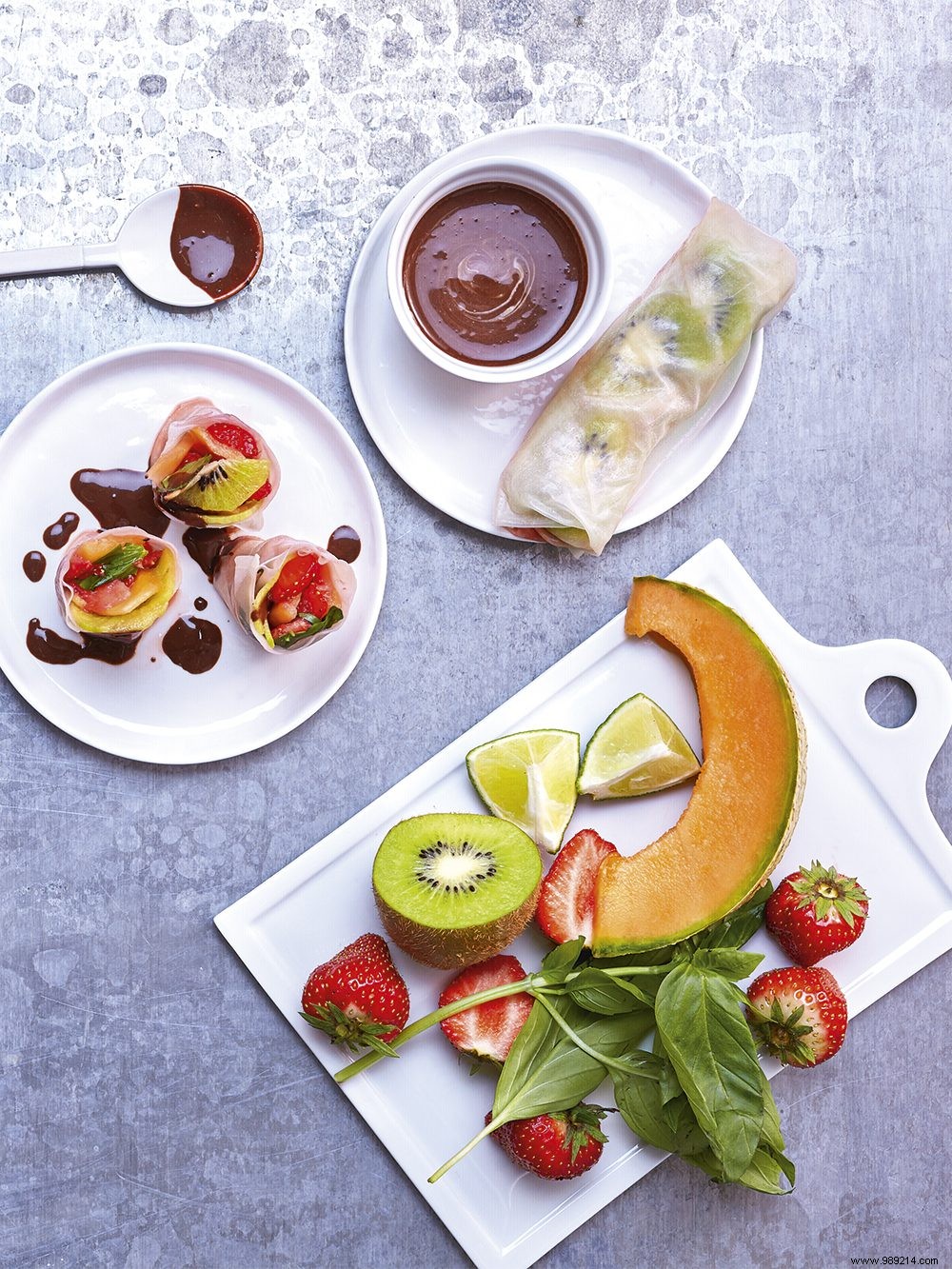 Sweet Strawberry-Basil Spring Rolls with Luscious Chocolate Sauce