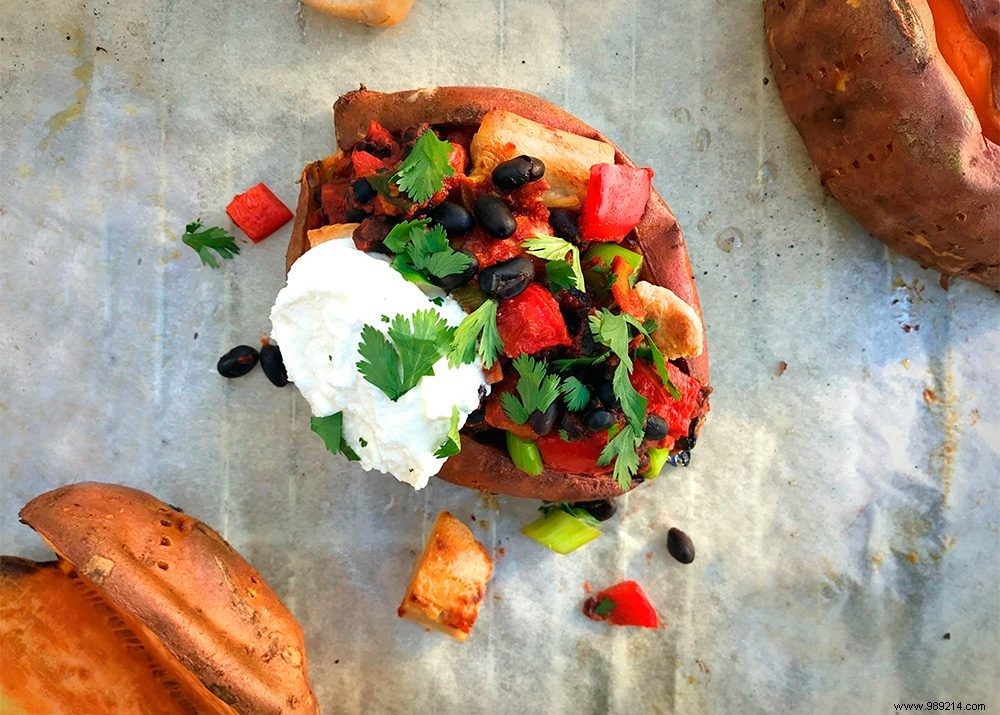 Vegetarian Stuffed Sweet Potatoes with Plant-Based Chicken, Black Beans & Bell Peppers
