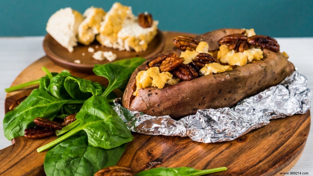 Vegan Baked Sweet Potatoes with Marinated Tofu and Caramelized Pecans