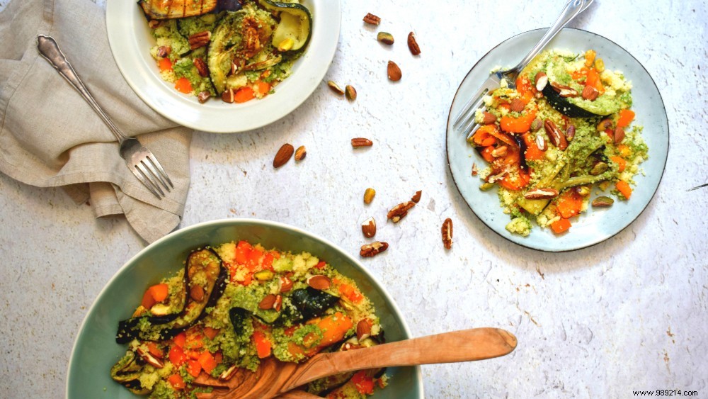 Vibrant Couscous Salad with Homemade Pesto, Nuts, and Grilled Vegetables