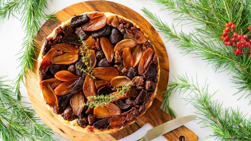 Savory Tarte Tatin with Shallots, Chestnuts, and Beetroot: A Festive Vegan Recipe