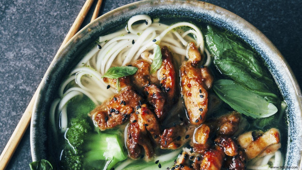 Flavorful Noodle Soup with Marinated Chicken, Broccoli, and Pak Choi Recipe