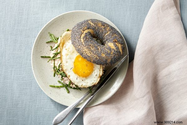 Poppy Seed Bagel with Fried Egg, Crab Salad & Samphire: Quick Easter Recipe