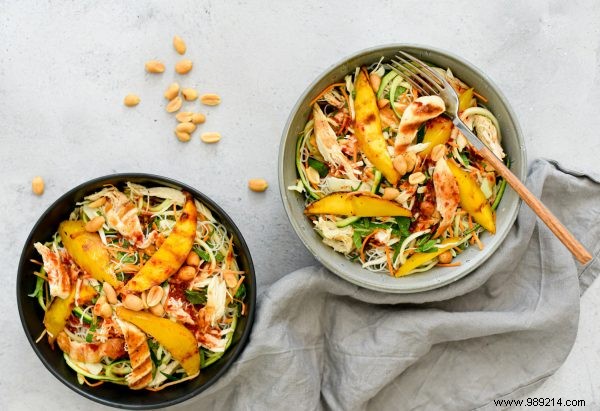 Refreshing Vietnamese Pulled Chicken Salad with Grilled Mango and Sweet-Sour Chili Dressing