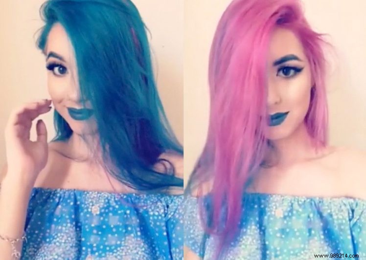 Woman s Clever Two-Tone Hair: Pink and Green That Switches with a Flip