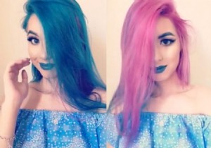 Woman s Clever Two-Tone Hair: Pink and Green That Switches with a Flip