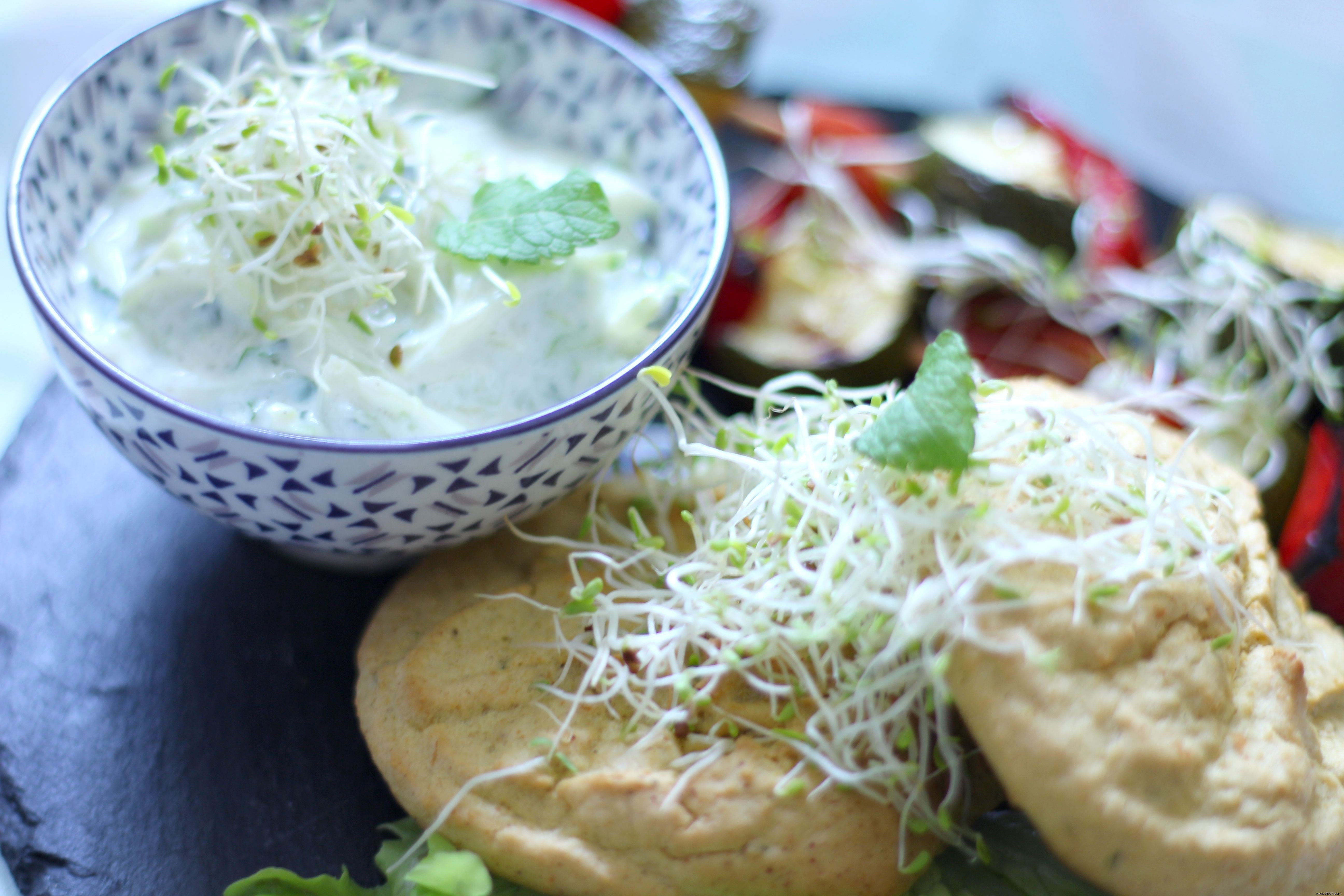Gluten-Free & Lactose-Free Chickpea Pancakes with Grilled Veggies & Mint Cucumber Cream
