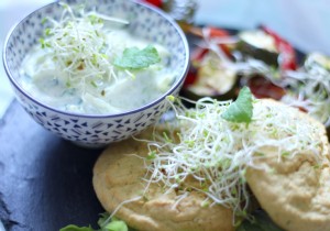 Gluten-Free & Lactose-Free Chickpea Pancakes with Grilled Veggies & Mint Cucumber Cream