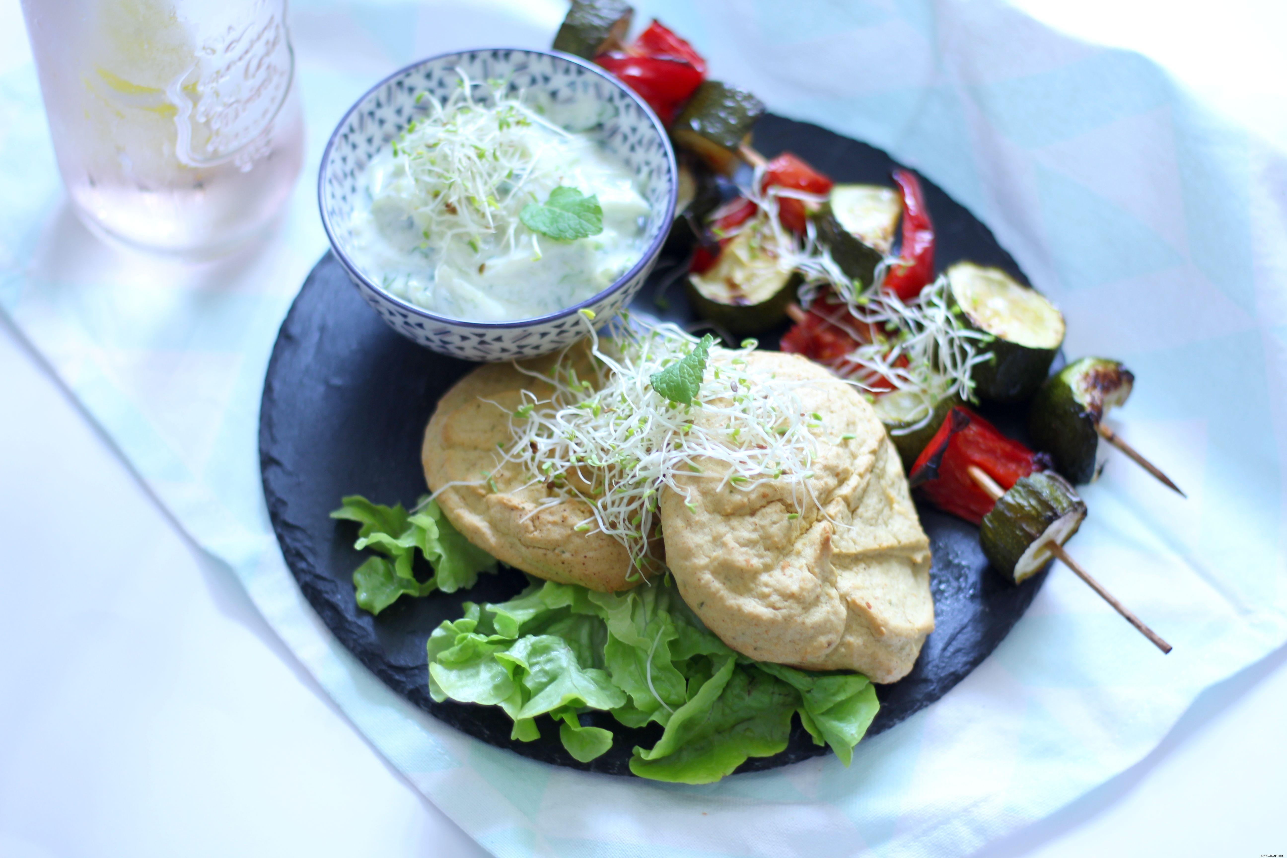 Gluten-Free & Lactose-Free Chickpea Pancakes with Grilled Veggies & Mint Cucumber Cream