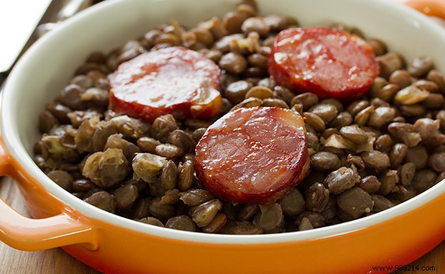 Hearty Stewed Green Lentils with Dijon Mustard and Smoked Sausages