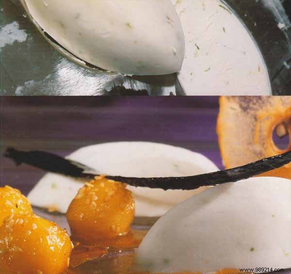 Exquisite Lime Yogurt Mousse with Saffron Orange Juice and Grilled Sesame Quince Balls