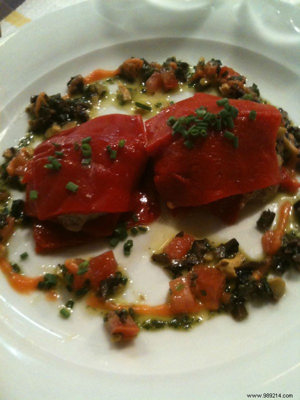 Elegant Piquillo Pepper Bouquet: Stuffed with Cod Brandade, Roasted Ossau Sheep s Cheese, Tomato Coulis & Pesto