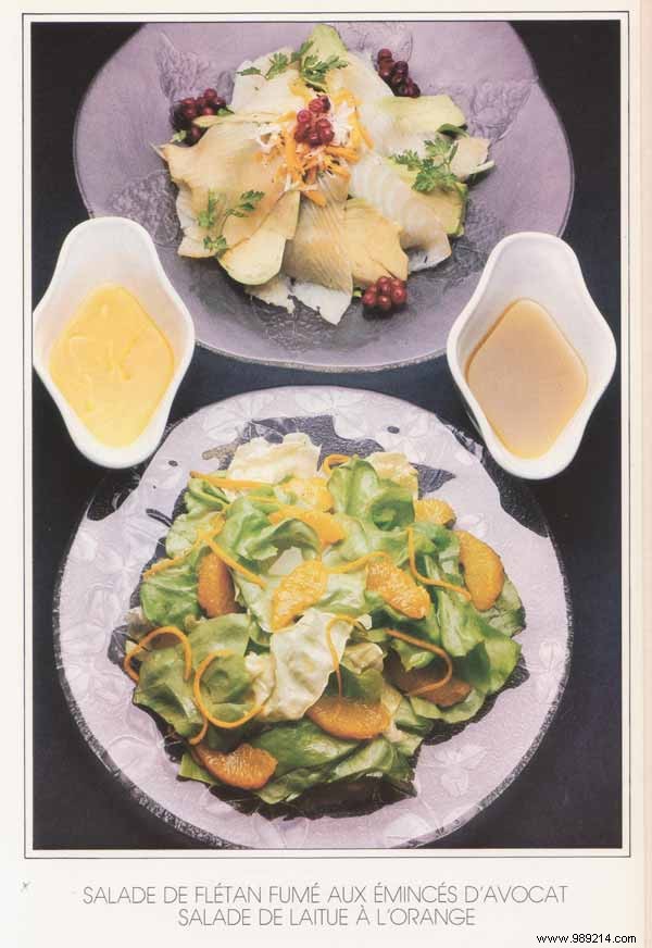 Smoked Halibut Salad with Sliced Avocado and Fresh Orange Lettuce Salad