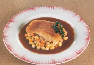 Bacon-Crusted Sea Bass with Coco de Paimpol Jus and Veal Foot