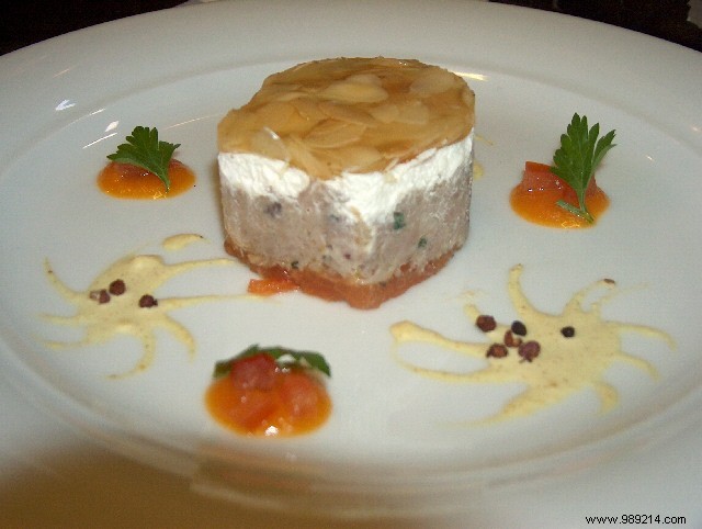 Chef Hubert s Duck Leg Nougat with Foie Gras, Candied Tomatoes, and Indian Curry Cream