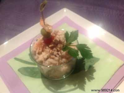 Exquisite Rice Verrines with Prawns, Raw Salmon, and Crunchy Hazelnuts