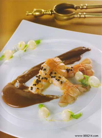 Roasted Langoustines Coated in Cocoa Nibs with Lemongrass-Chocolate Béarnaise Sauce and Lime Pan-Fried Radishes