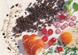 Smoked Haddock Flan with Fresh Lentil Salad, Pink Radishes, and Cherry Tomatoes