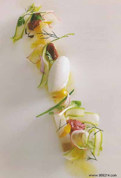 Pike-Perch Fredrik Style: Tomato Jelly, Raw Vegetables, and Yogurt Sorbet