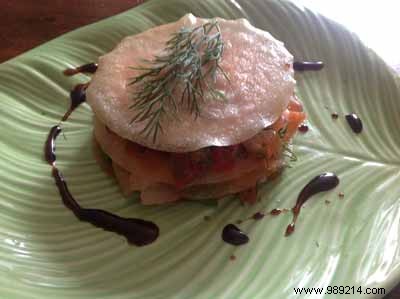 Elegant Smoked Trout Mille-Feuille with Shrimp Tarama, Tomato, and Dill
