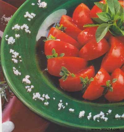 Fresh Golf Tomatoes with Saint-Antoine Basil, Olive Oil, and Île de Ré Fleur de Sel