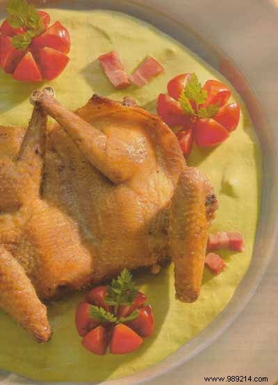 Grilled Crapaudine Squabs with Smoked Bacon and Silky Pea Coulis