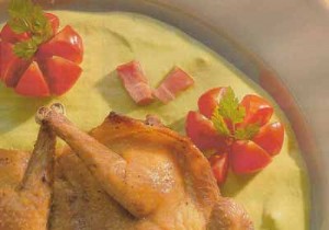 Grilled Crapaudine Squabs with Smoked Bacon and Silky Pea Coulis
