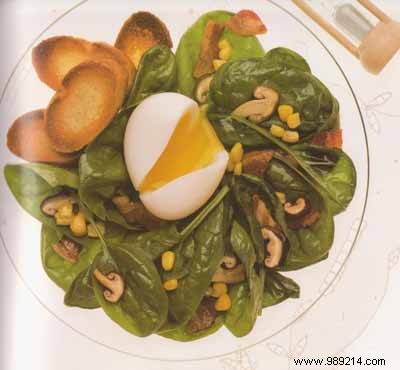 Fresh Spinach Salad with Soft-Boiled Eggs, Shiitake Mushrooms, Bacon Lardons, and Garlic Croutons