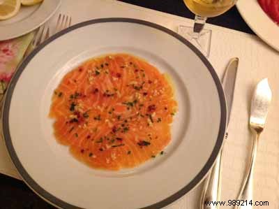 Fresh Raw Salmon Carpaccio with Ginger, Olive Oil, and Pink Peppercorns