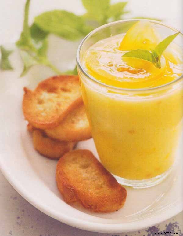 Vibrant Yellow Tomato Gazpacho with Fresh Basil and Garlic Croutons