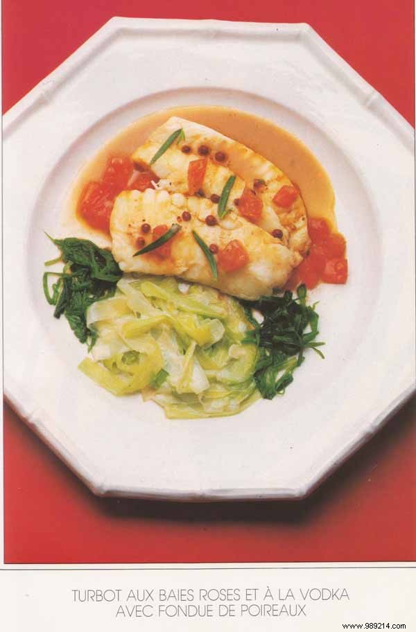 Gourmet Turbot with Pink Peppercorns, Vodka Sauce, and Creamy Leek Fondue