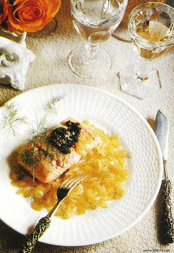 Seared Salmon Steaks with Black Olive Purée and Fondant Onions