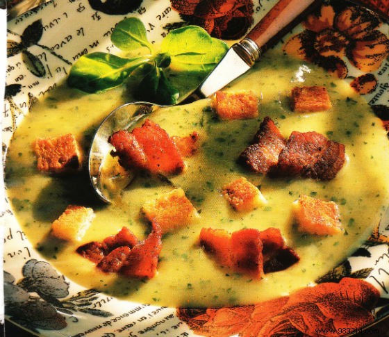 Velvety Lamb s Lettuce Cream Soup with Spiced Pork Belly Rolls