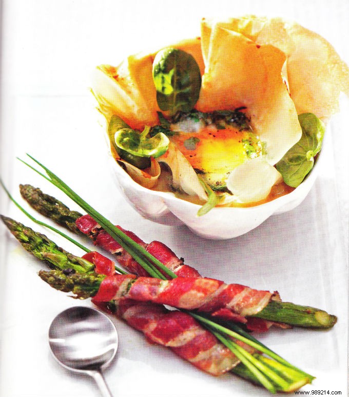 Cocotte Eggs with Asparagus, Spinach, and Bacon-Wrapped Spears