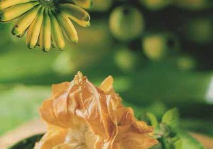 Crispy Spiced Banana Brick Purses with Velvety Chocolate, Pistachio, and Hazelnut Sauce