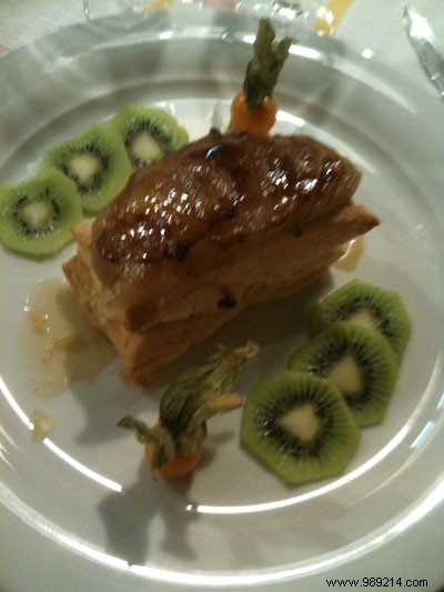 Elegant Puff Pastry with Light Caramelized Pears, Vanilla Mousseline Cream, Gentian Ribbon, and Physalis