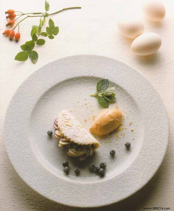 Homemade Rosehip Ice Cream with Warm Biscuits, Yogurt Cream, and Blueberries