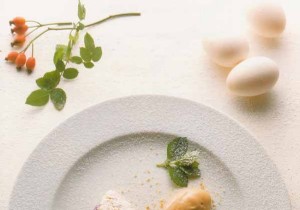 Homemade Rosehip Ice Cream with Warm Biscuits, Yogurt Cream, and Blueberries