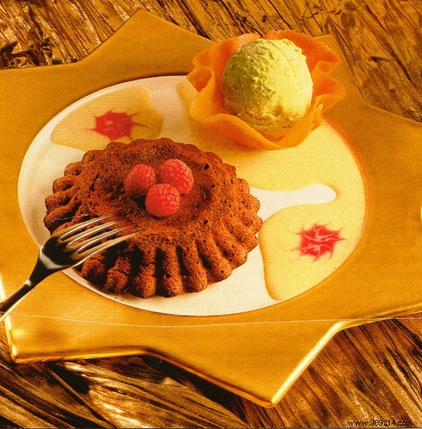 Warm Chocolate Raspberry Biscuits with Custard and Pistachio Ice Cream