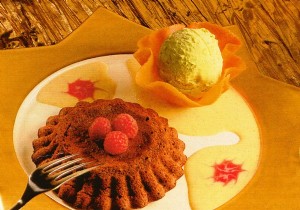 Warm Chocolate Raspberry Biscuits with Custard and Pistachio Ice Cream