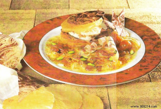 Exquisite Chestnut Parfait Gratin with Crispy Filo Pastry and Caramelized Pear-Fir Honey Sabayon