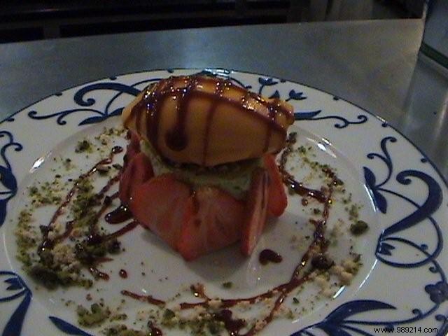 Exquisite Pistachio Parfait with Strawberries, Crumble, Vanilla Wine & Carrot Sorbet